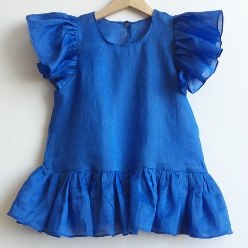 blue linen ruffle blouse